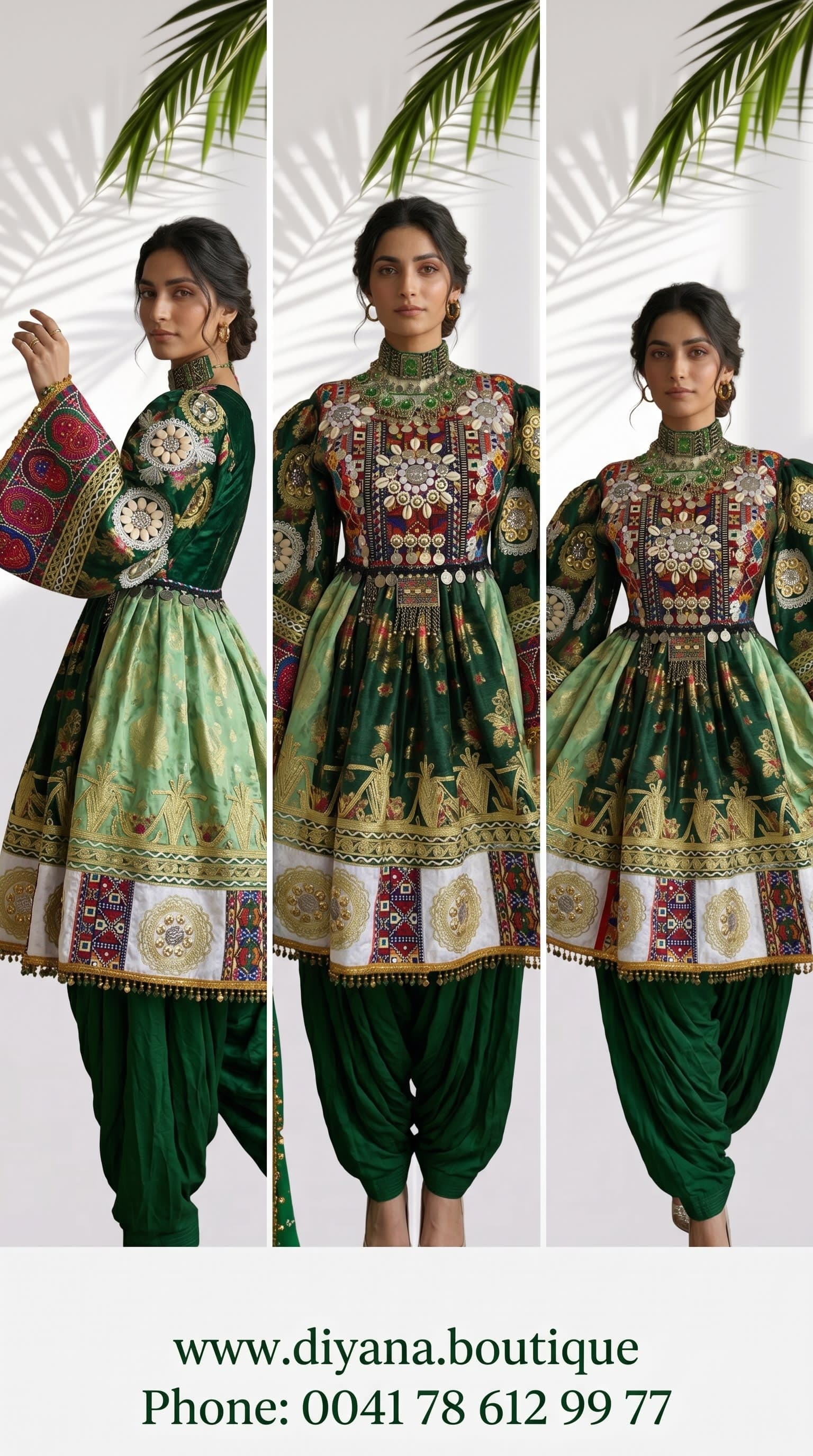 Green Gand Afghani Dress — Traditional Kuchi Style — handmade Afghan dress