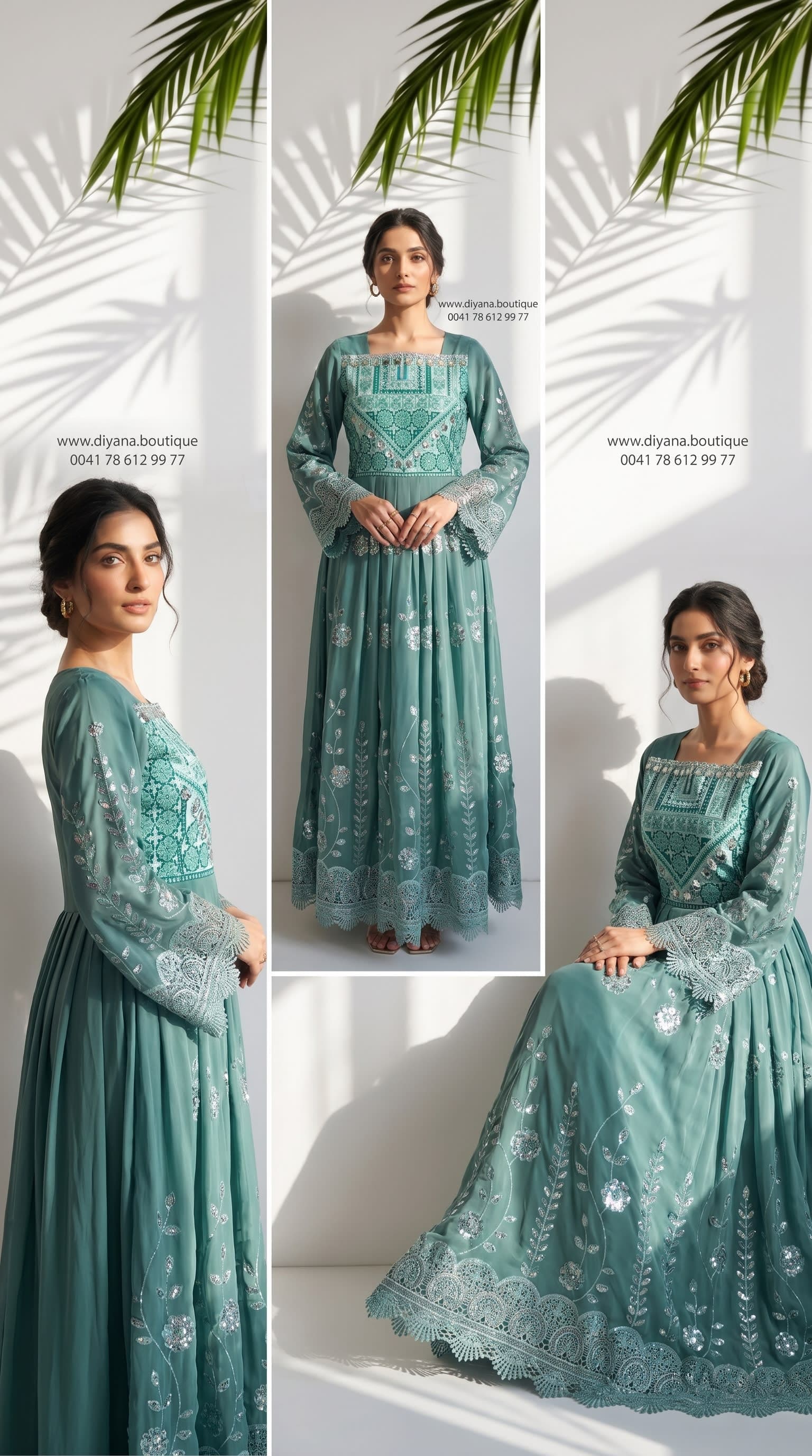 Teal Blue Hazaragi Dress with Sequins & Lace — handmade Afghan dress