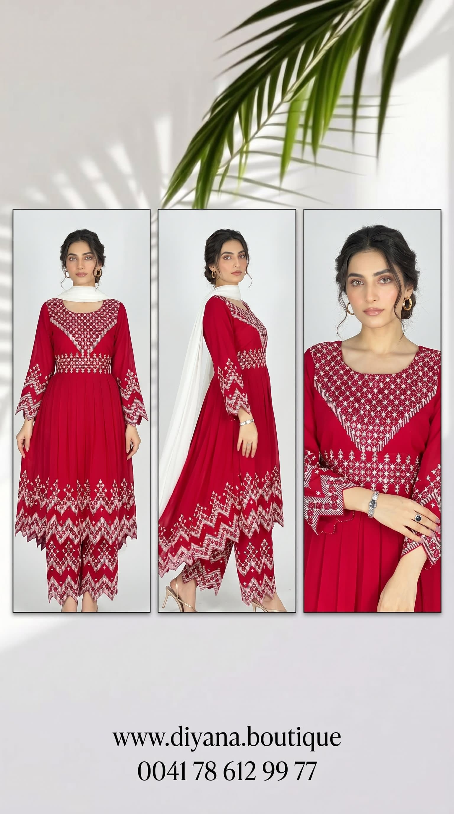 Red Hazaragi Dress Set with White Embroidery — handmade Afghan dress