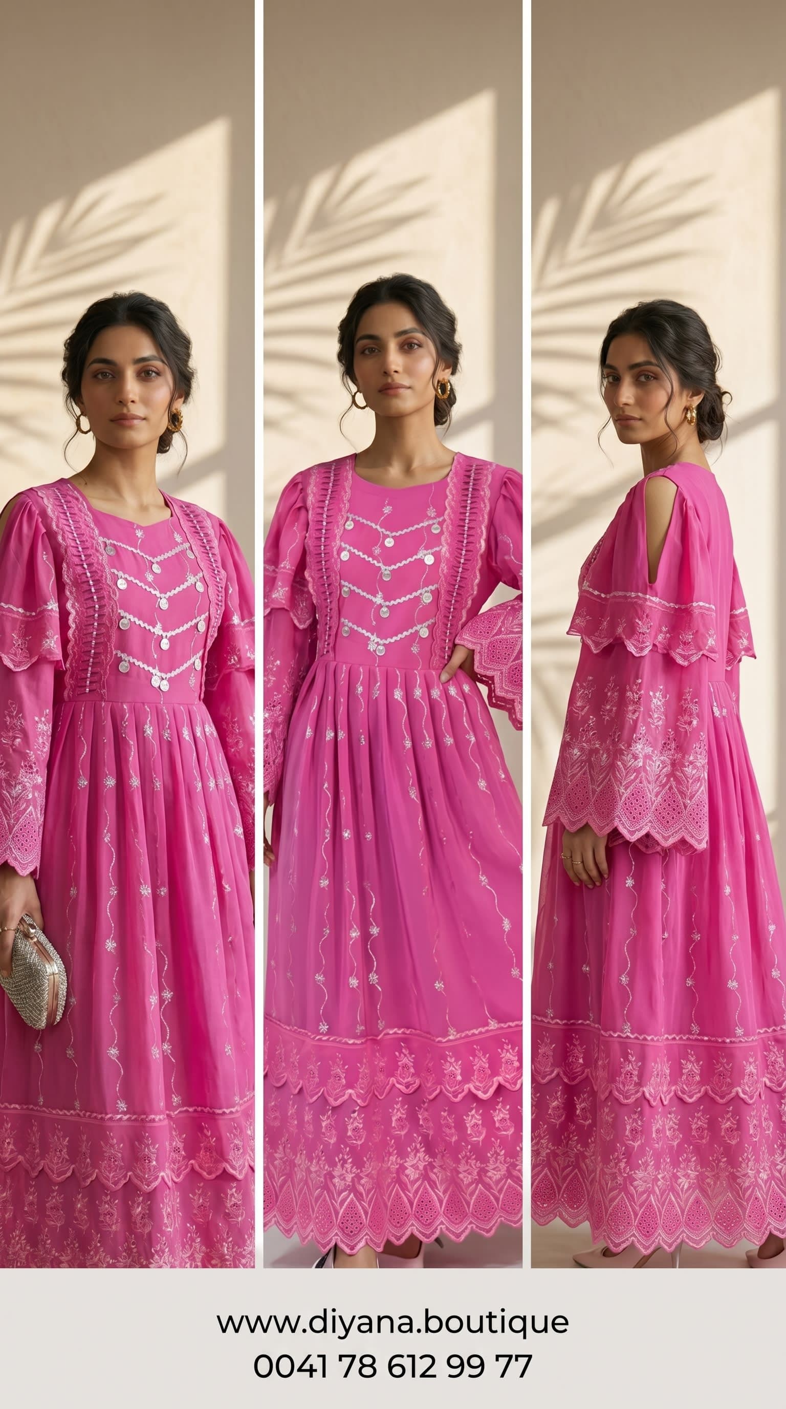 Hot Pink Afghan Dress with Coin Trim & Lace Border — handmade Afghan dress