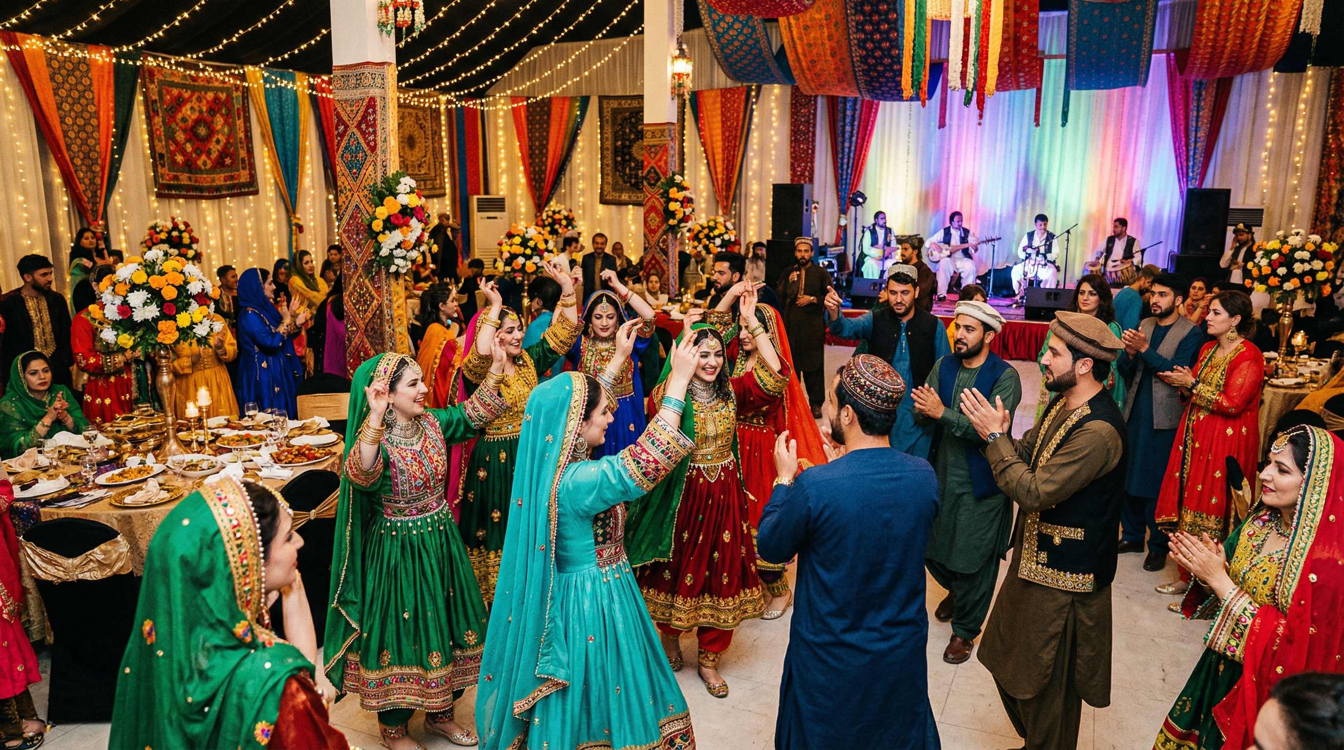 Afghan wedding celebration — guests in traditional embroidered dresses
