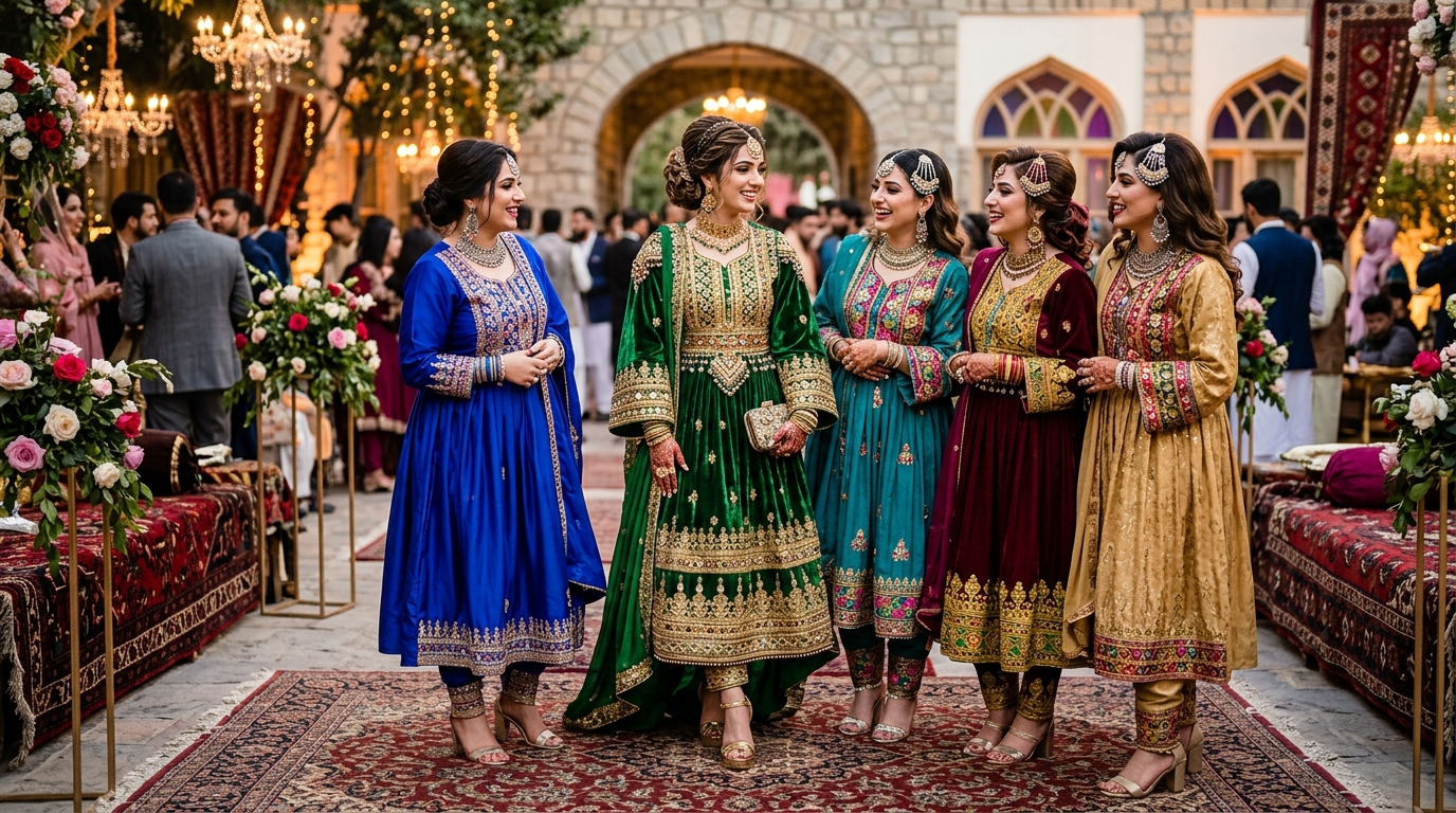Afghan wedding guest — full traditional look with jewelry and embroidered dress