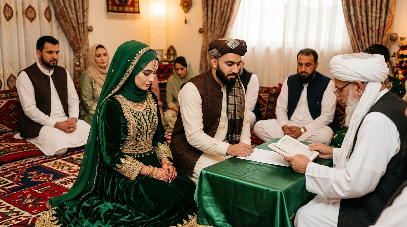 Nikah ceremony — intimate and elegant, modest traditional attire
